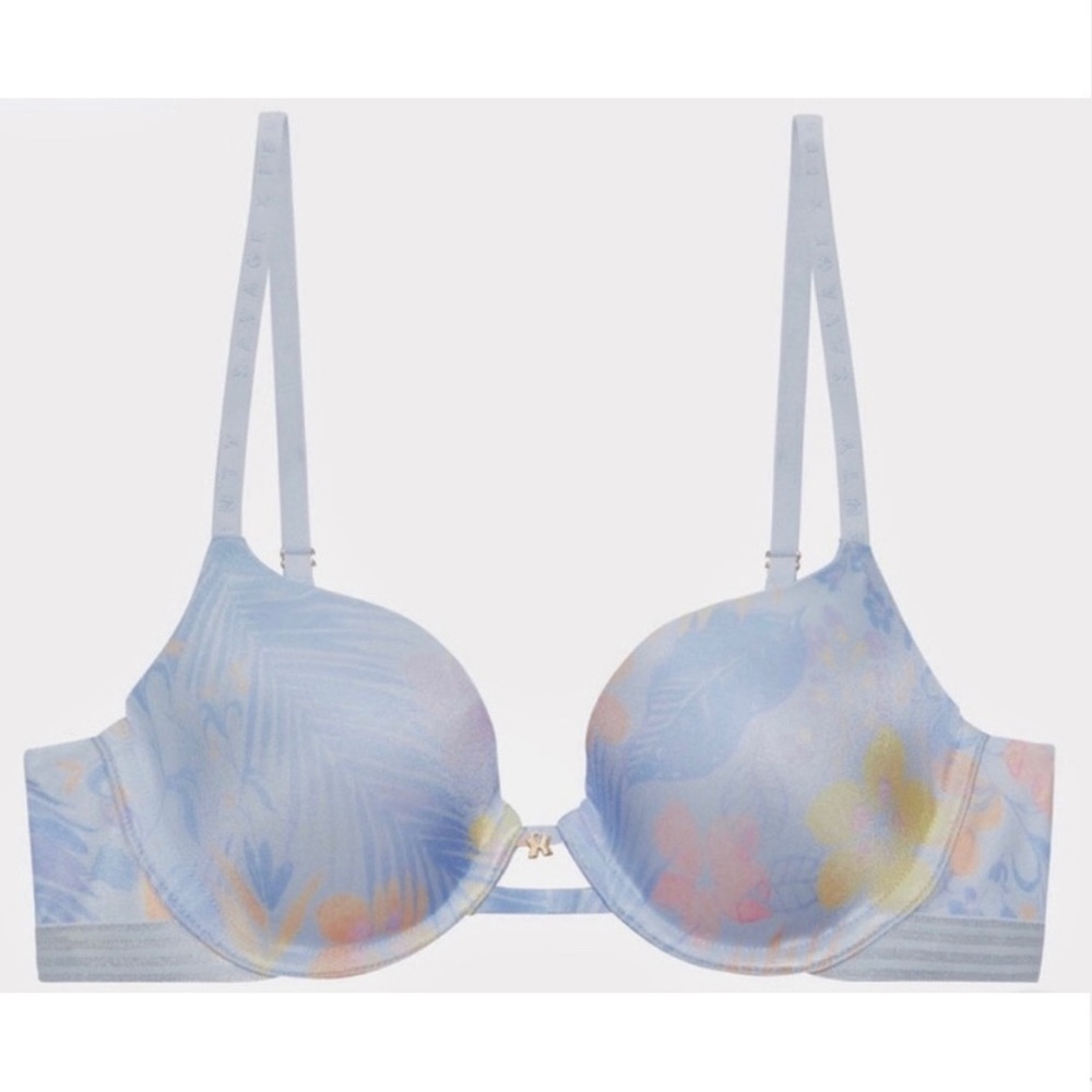 Savage X Fenty Blue Twinkle Watercolor Floral Print T Shirt Bra Size 32DD
